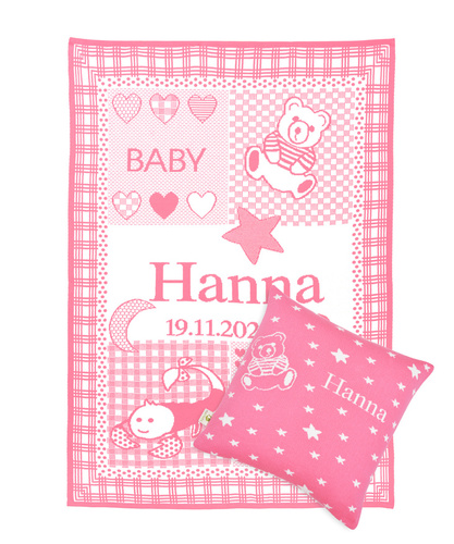 Organic cotton set HEARTS AND TEDDY pillowcase with a name 40 x 40 cm  and  MY BLANKET WITH ZODIAC SIGN  75 x 100 cm