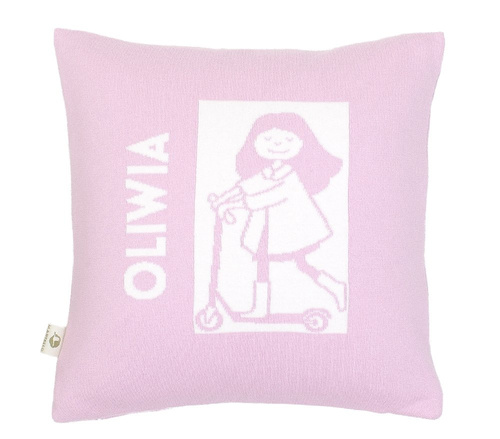 GIRL on a scooter. Pillow case with a name 40x40 cm